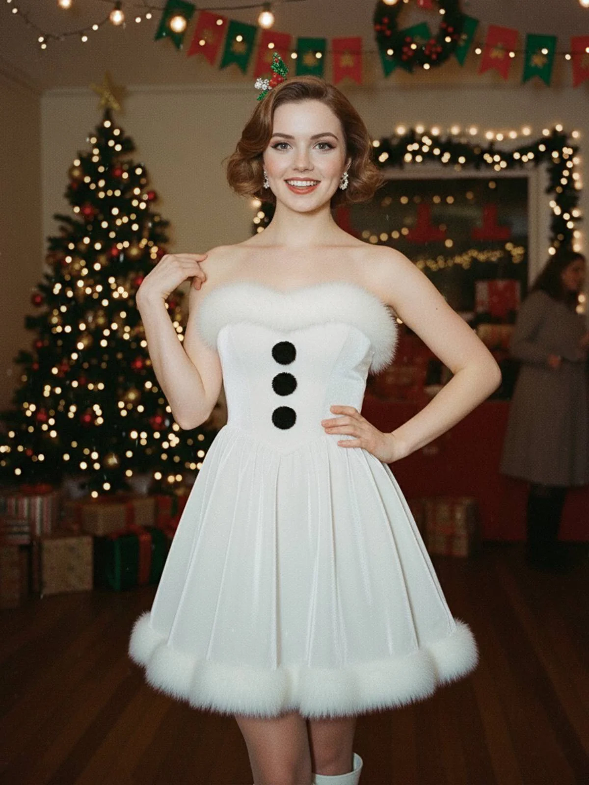 White 1960s Snowman Velvet Plush Trim Strapless Dress - Image 3