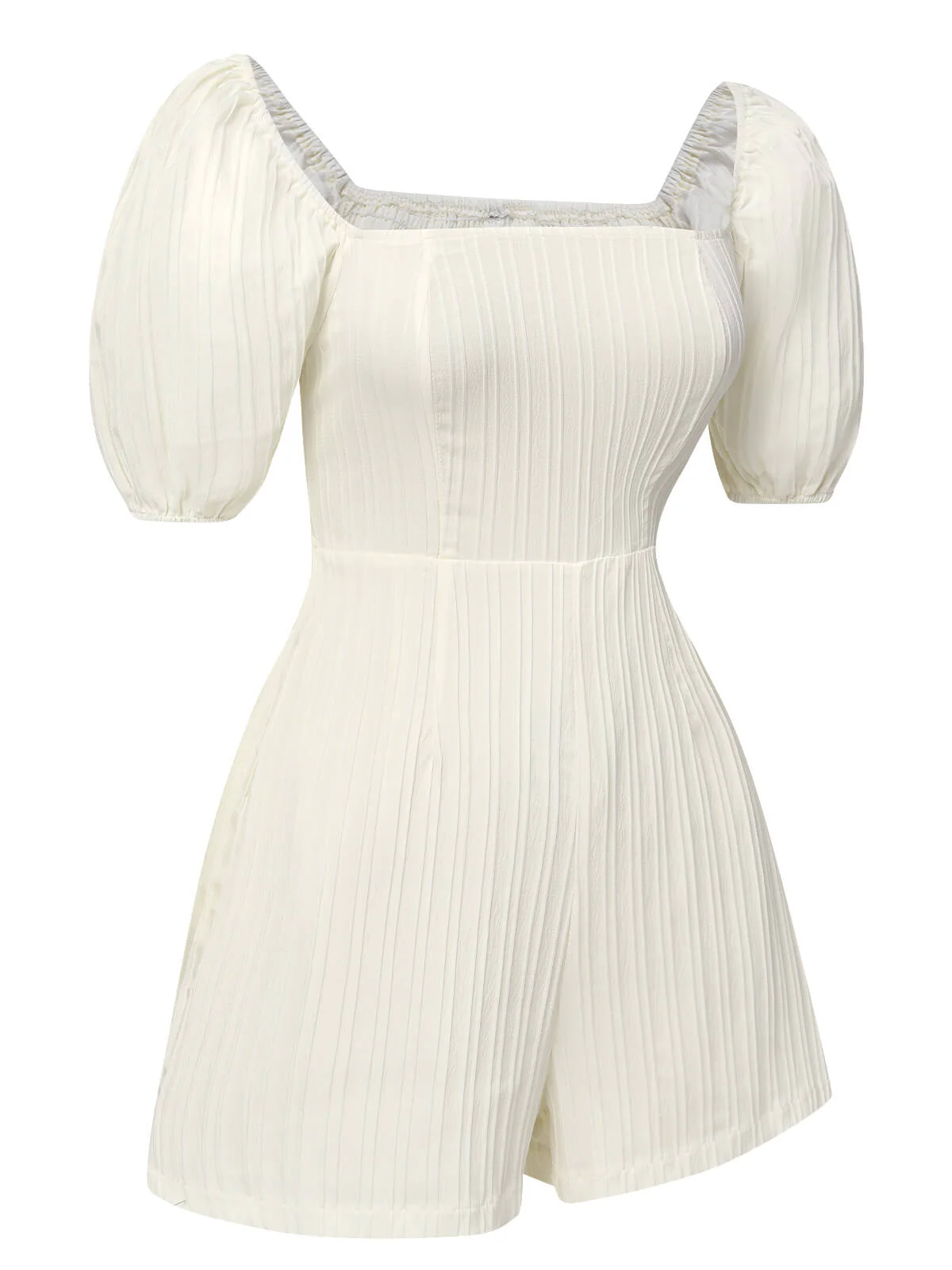 White 1960s Solid Puff Square Neck Romper - Image 2