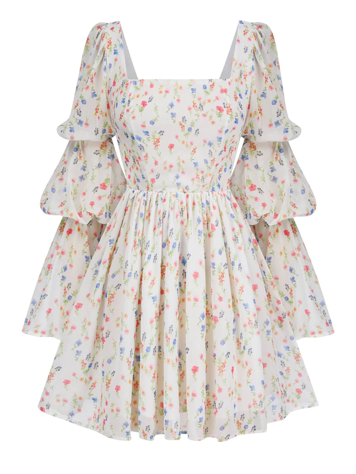 White 1960s Square Neck Puff Ditsy Floral Dress - Image 2