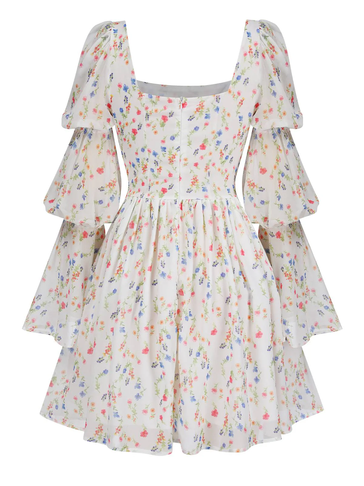 White 1960s Square Neck Puff Ditsy Floral Dress - Image 3