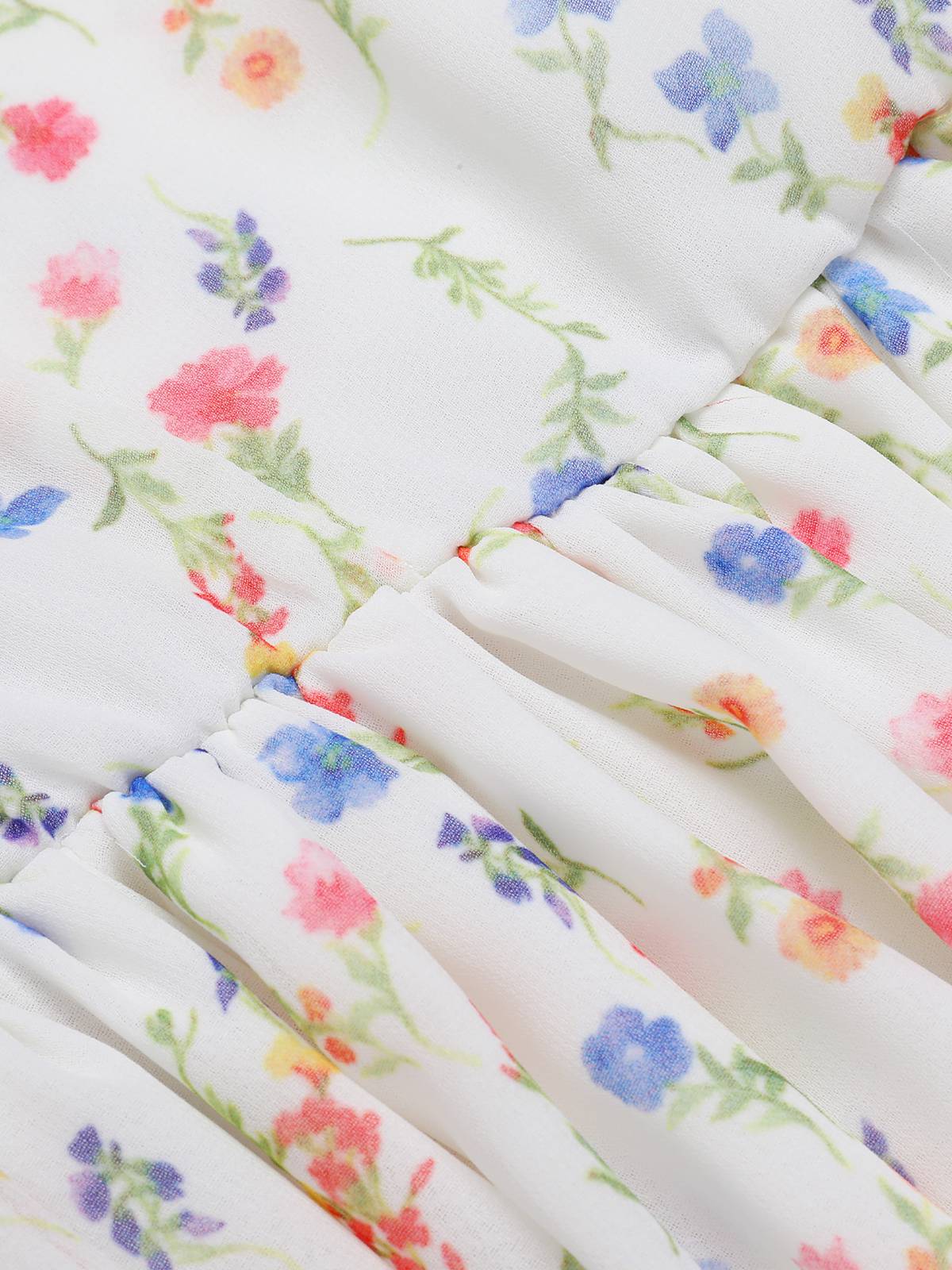 White 1960s Square Neck Puff Ditsy Floral Dress - Image 6