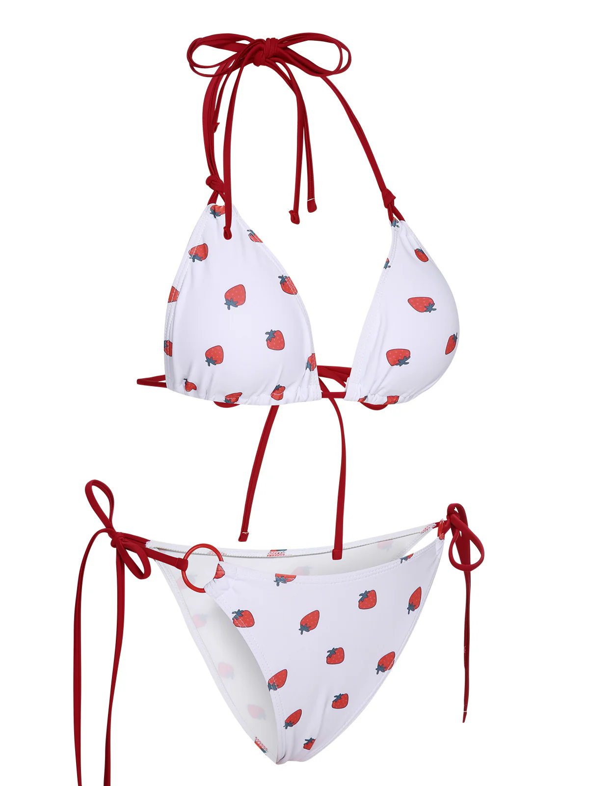 White 1960s Strawberry Lace-Up Halter Bikini Set - Image 2