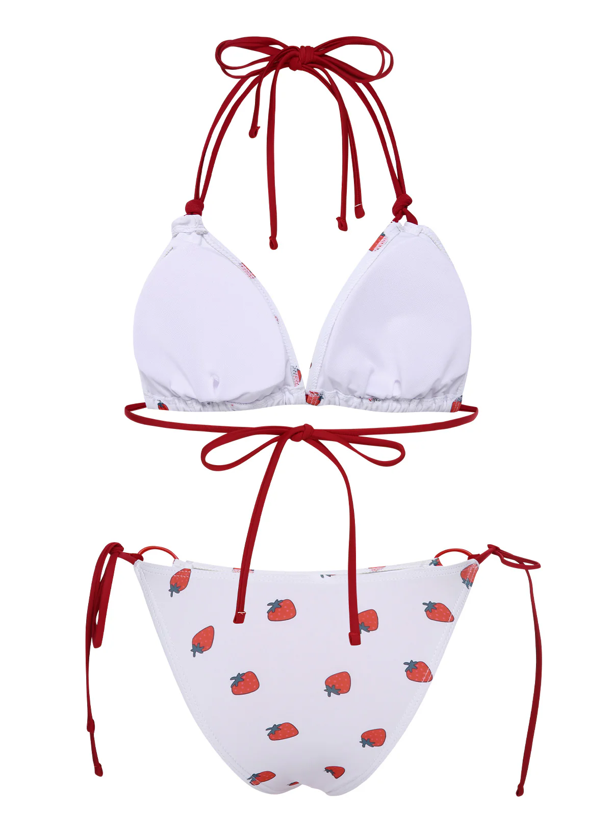 White 1960s Strawberry Lace-Up Halter Bikini Set - Image 3
