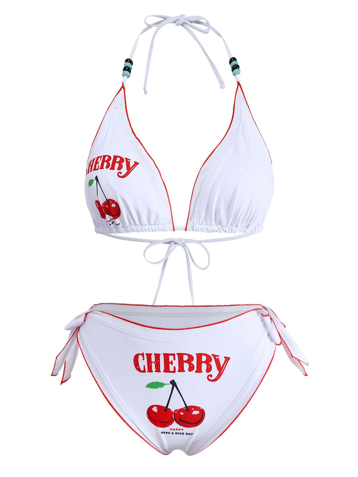 White 1970s Cherry Print Tie-Halter Bikini Set - Image 2