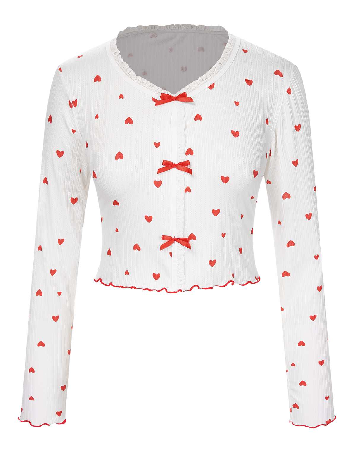 White 1970s Curled Heart Bow Long Sleeve Pajamas - Image 2