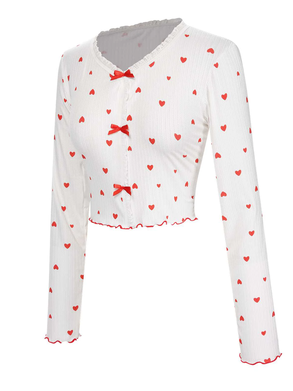 White 1970s Curled Heart Bow Long Sleeve Pajamas - Image 4