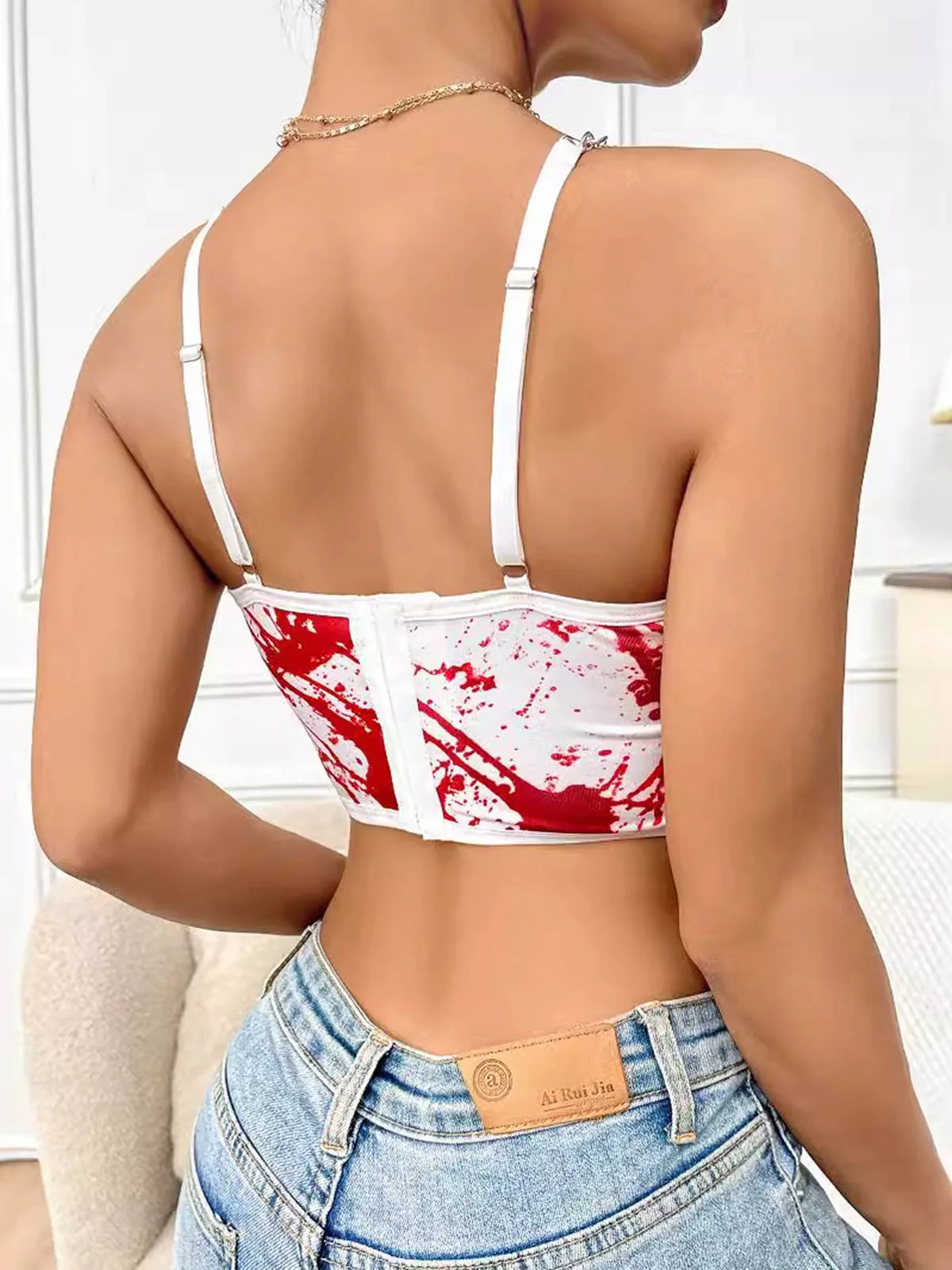 White 1970s Halloween Metal Chain Blood Spatter Crop Top - Image 2
