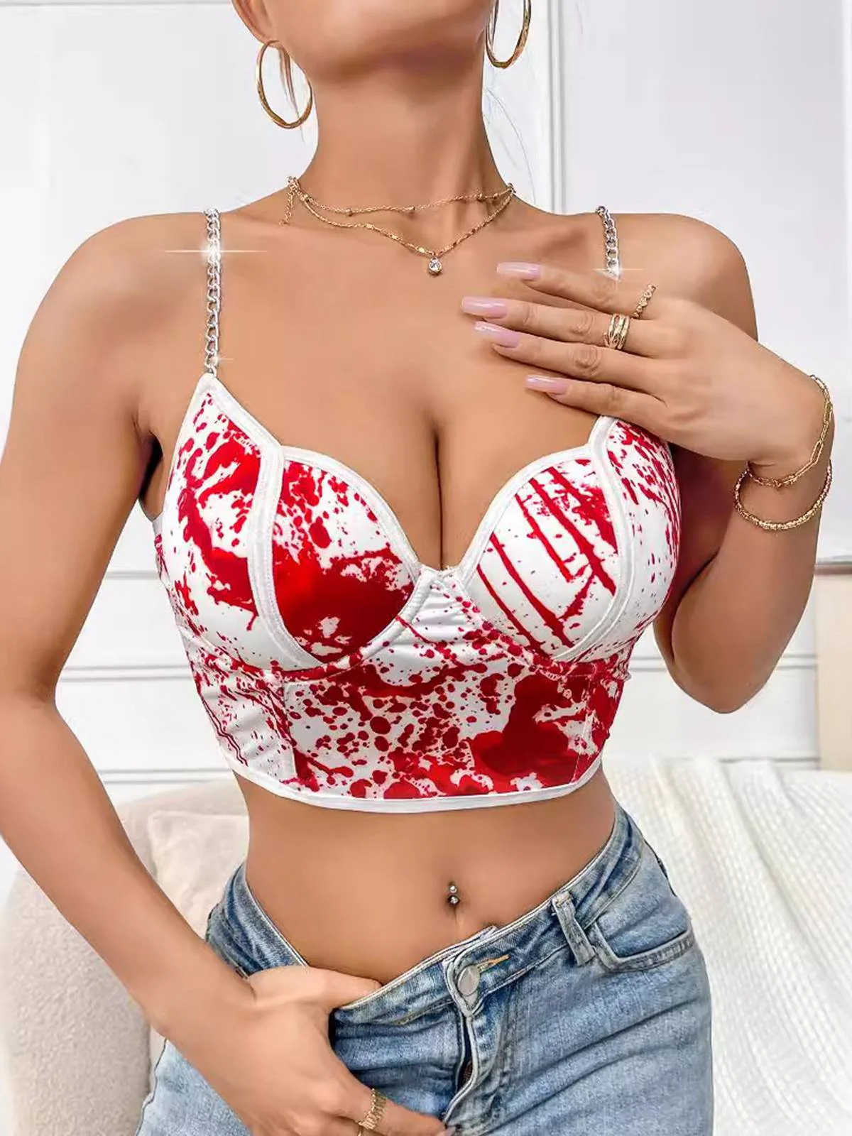 White 1970s Halloween Metal Chain Blood Spatter Crop Top - Image 3