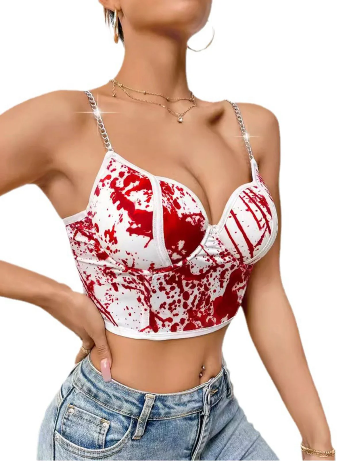 White 1970s Halloween Metal Chain Blood Spatter Crop Top - Image 4