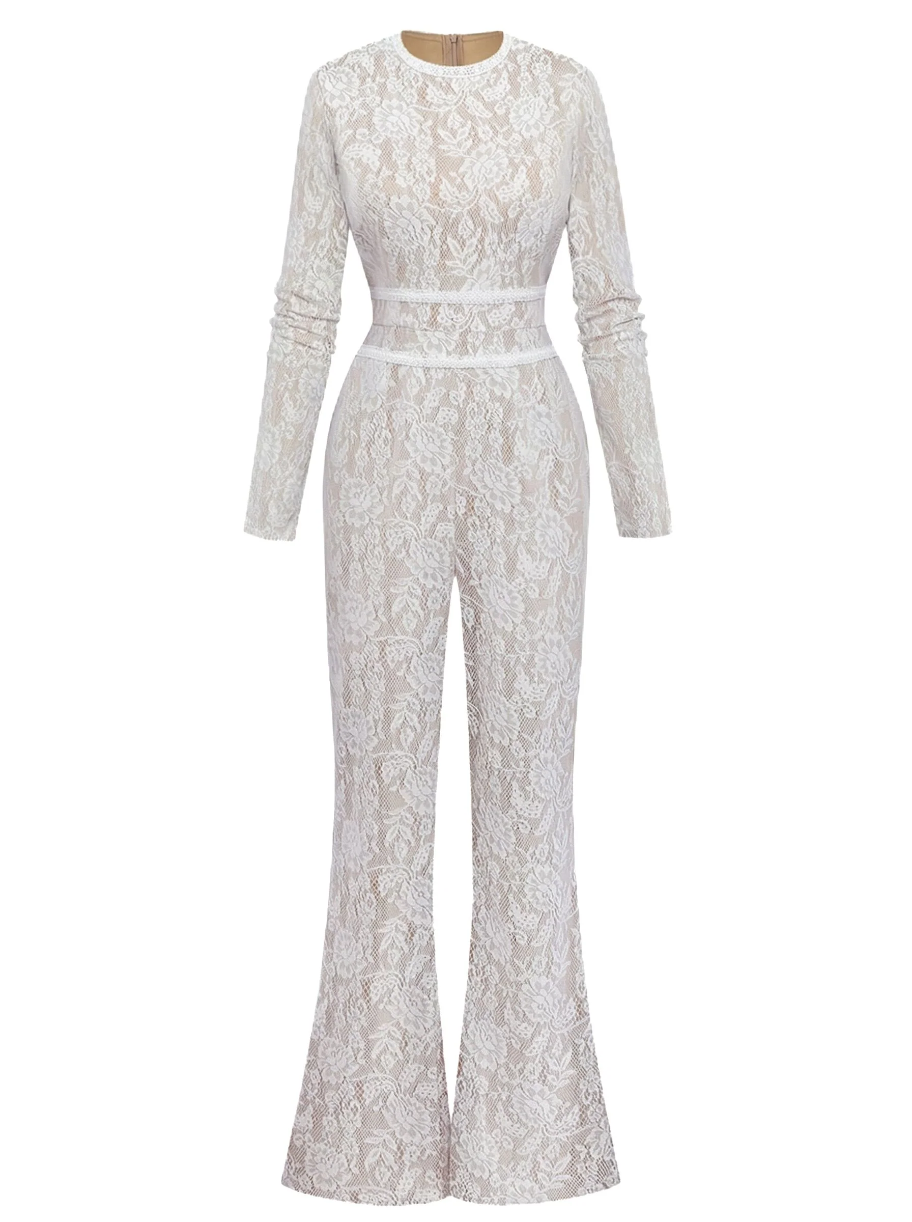 White 1970s Lace Long-Sleeve Flared Legs Jumpsuit - Image 2