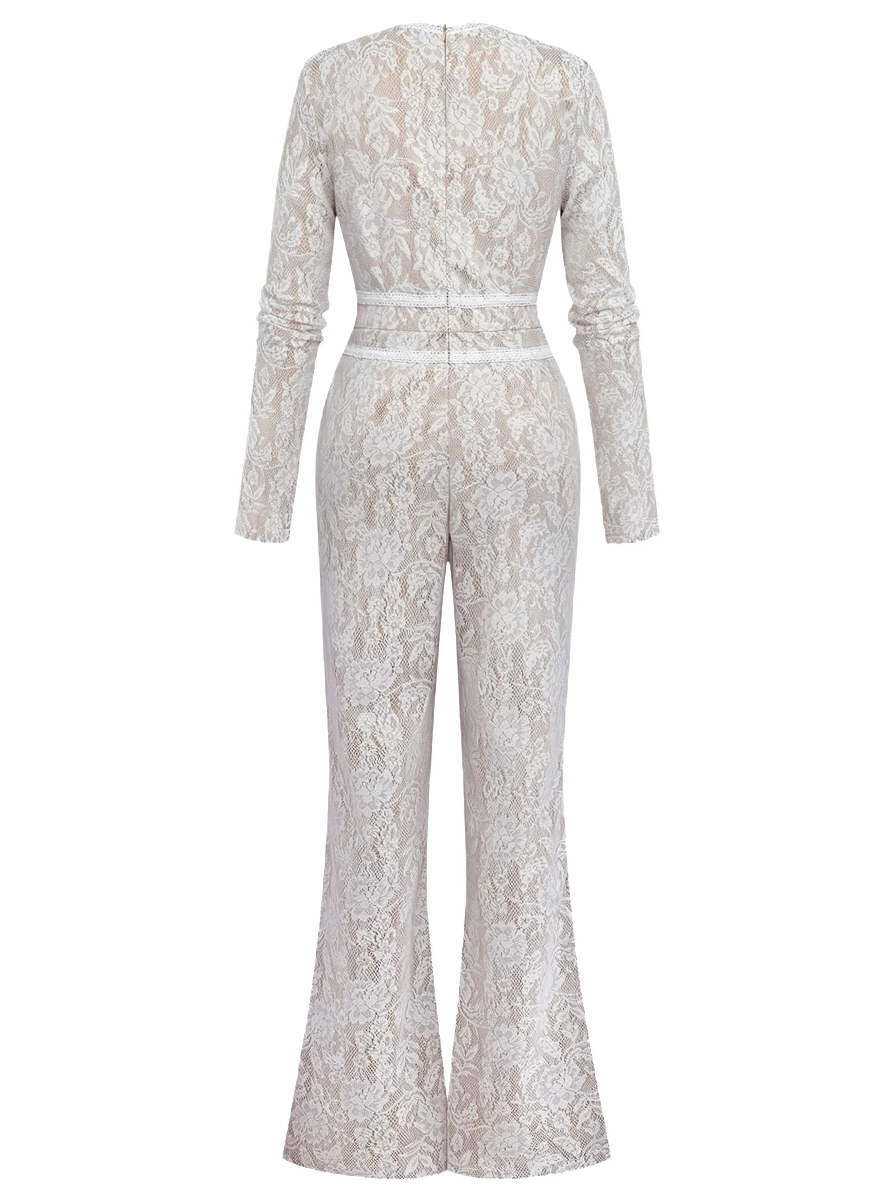 White 1970s Lace Long-Sleeve Flared Legs Jumpsuit - Image 3