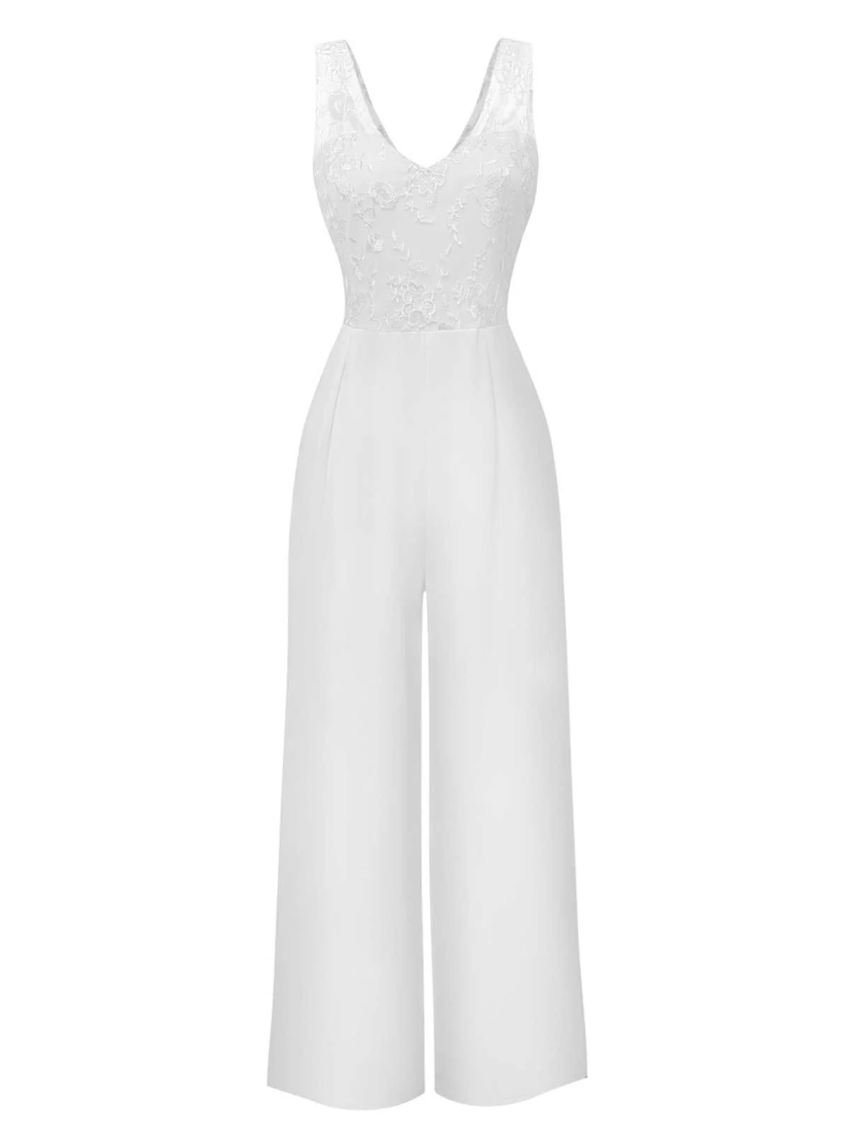 White 1970s Mesh Floral Embroidered Jumpsuit