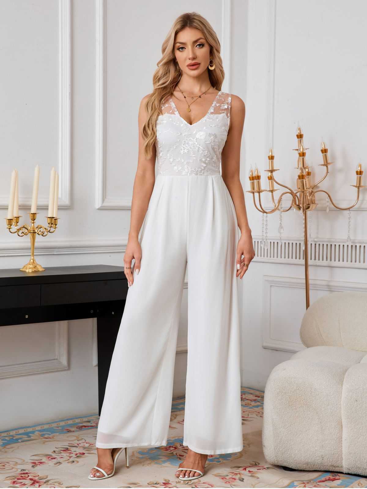 White 1970s Mesh Floral Embroidered Jumpsuit - Image 3