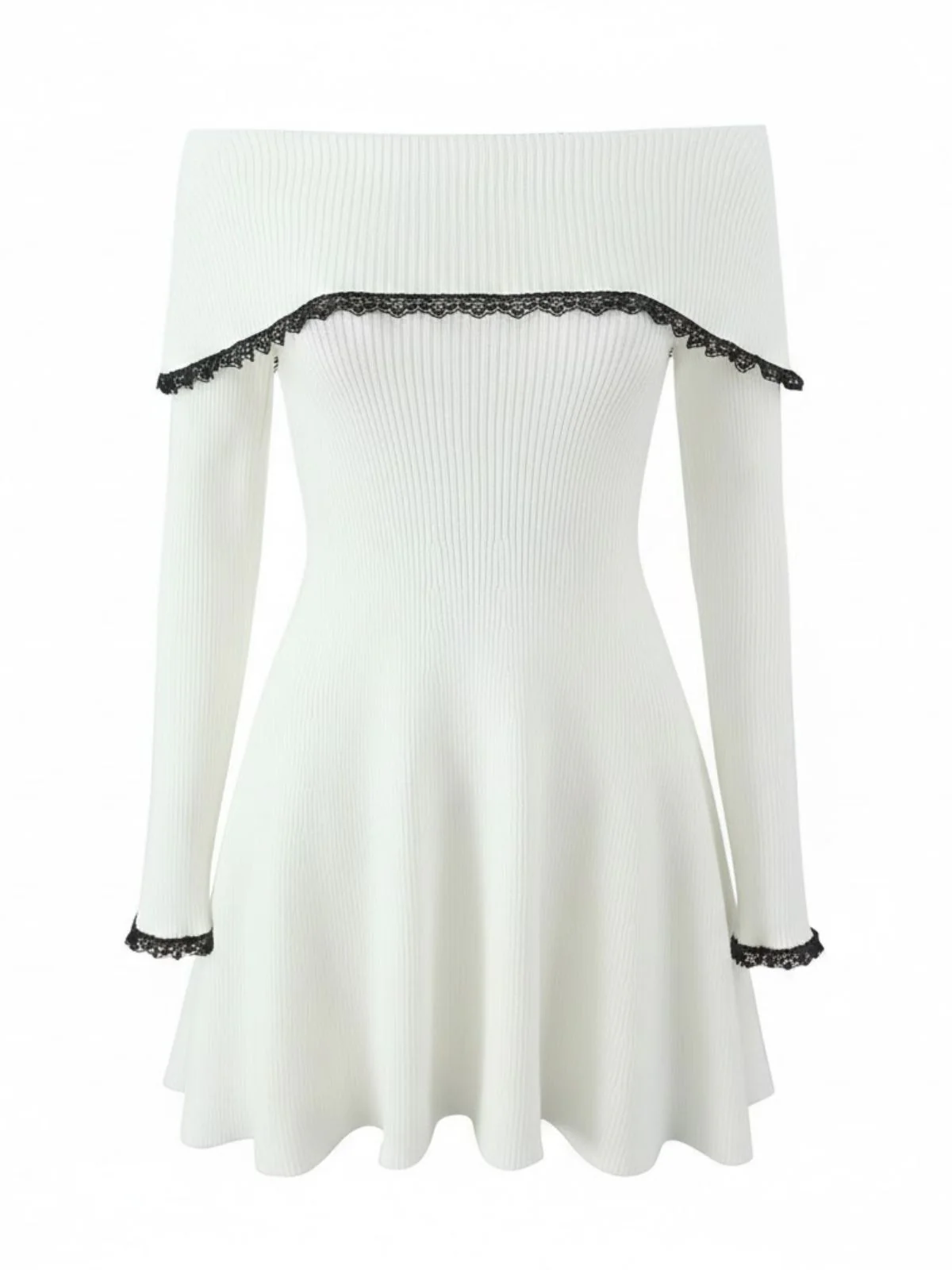 White 1970s Off-Shoulder Lace Knitted Dress - Image 2