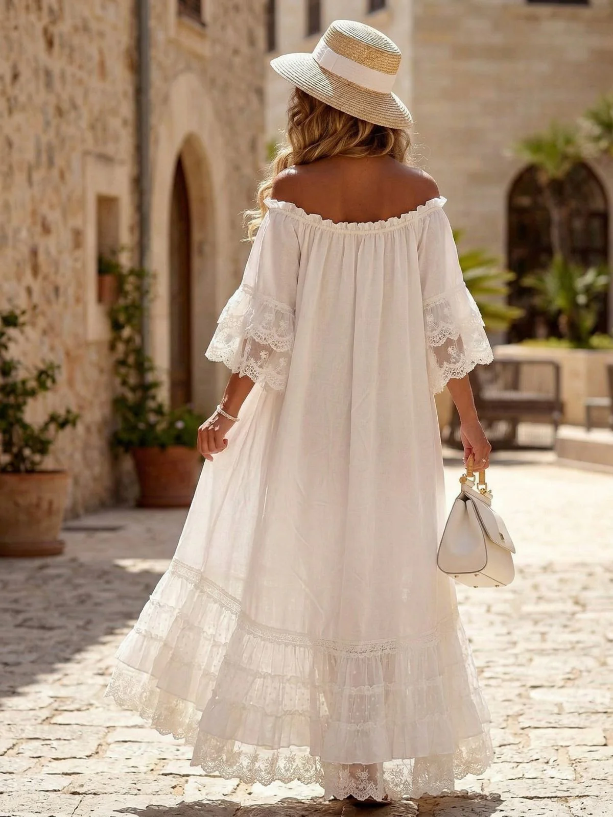 White 1970s Off-Shoulder Lace Tiered  Boho Dress - Image 2