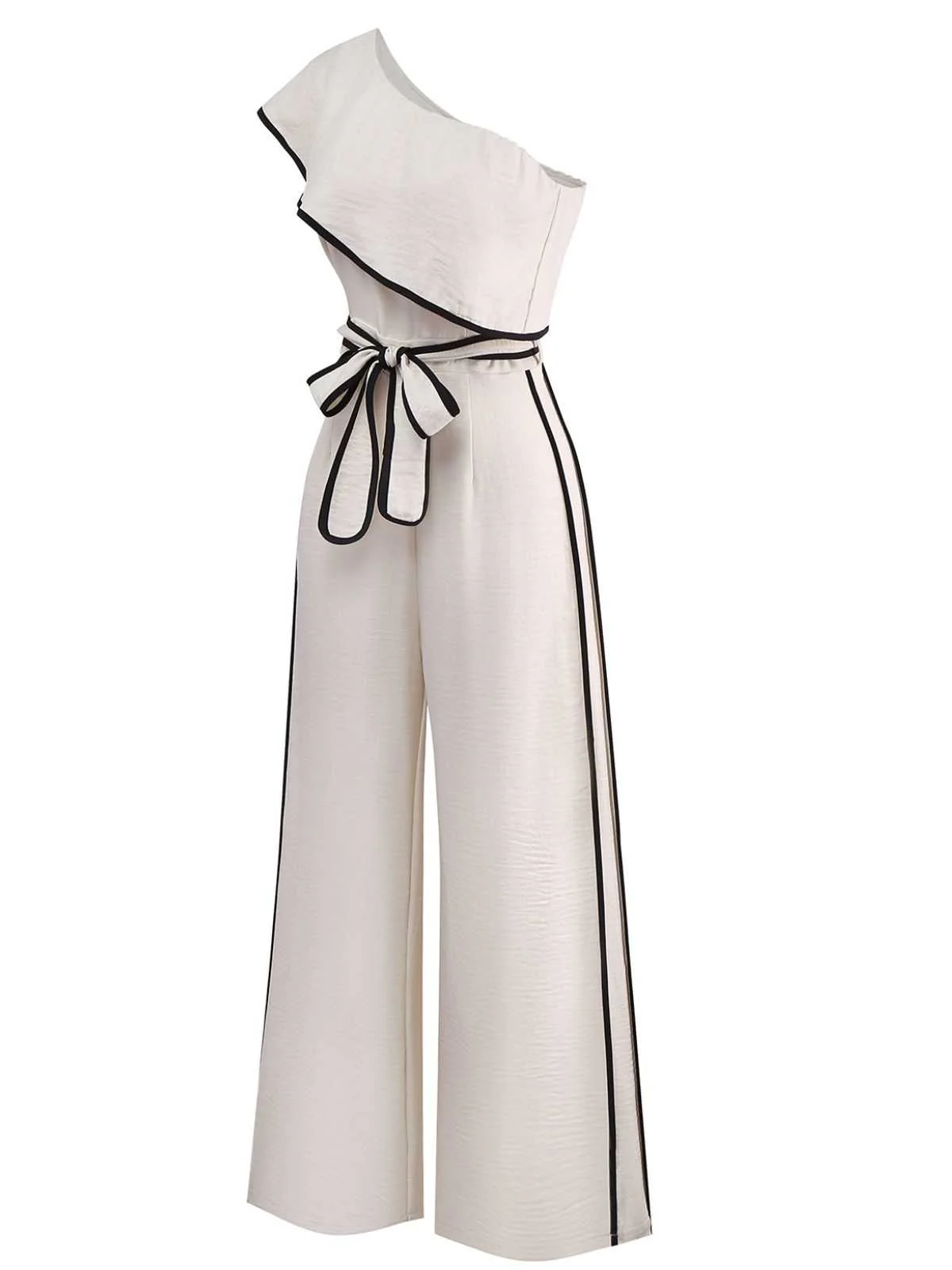 White 1970s One-Shoulder Ruffled Belted Jumpsuit - Image 2