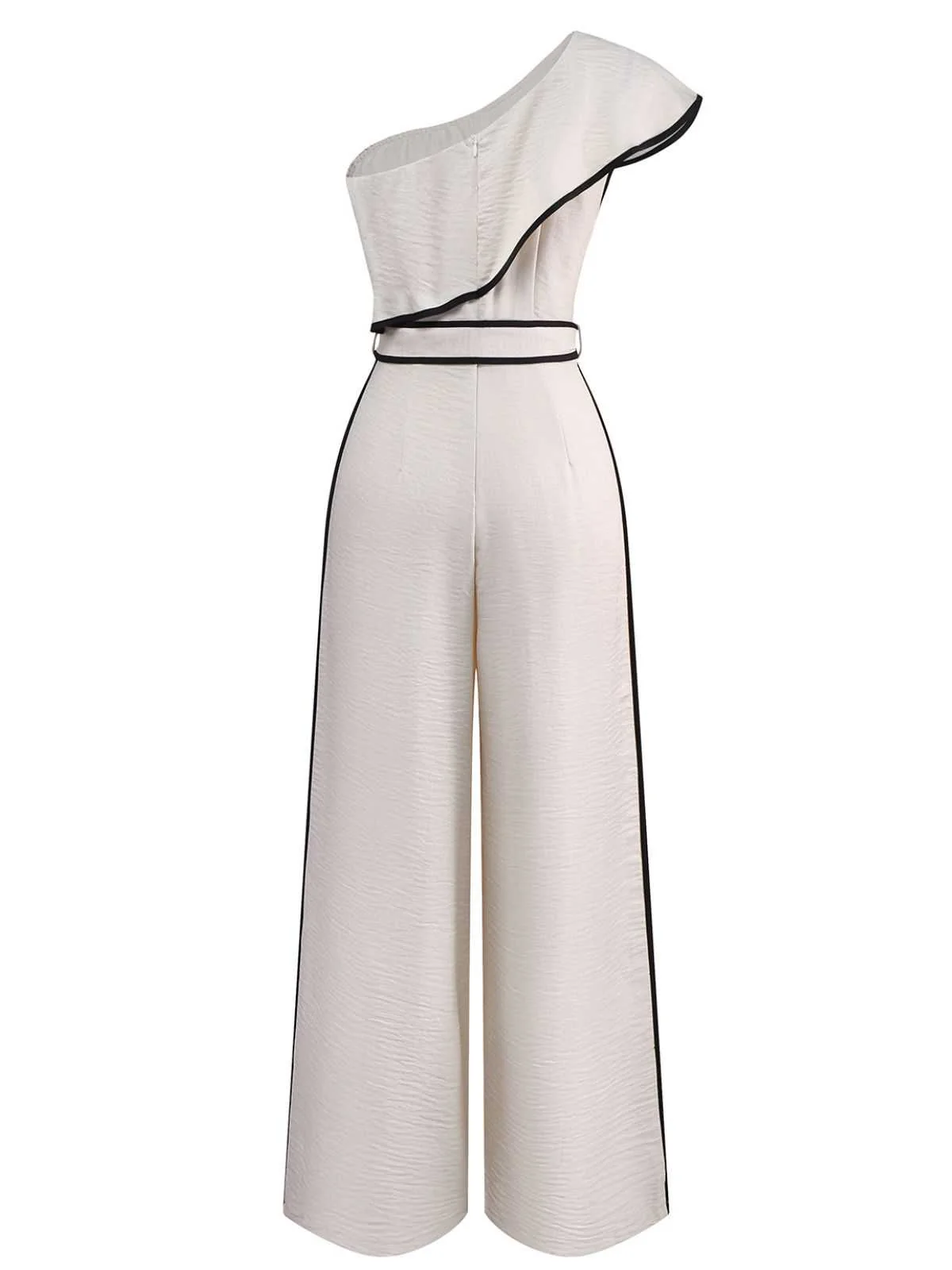 White 1970s One-Shoulder Ruffled Belted Jumpsuit - Image 3