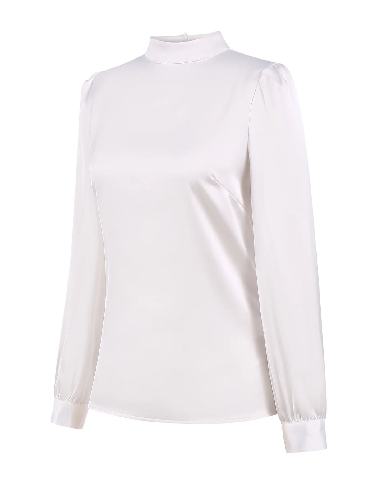 White 1970s Satin High Neck Solid Blouse - Image 3