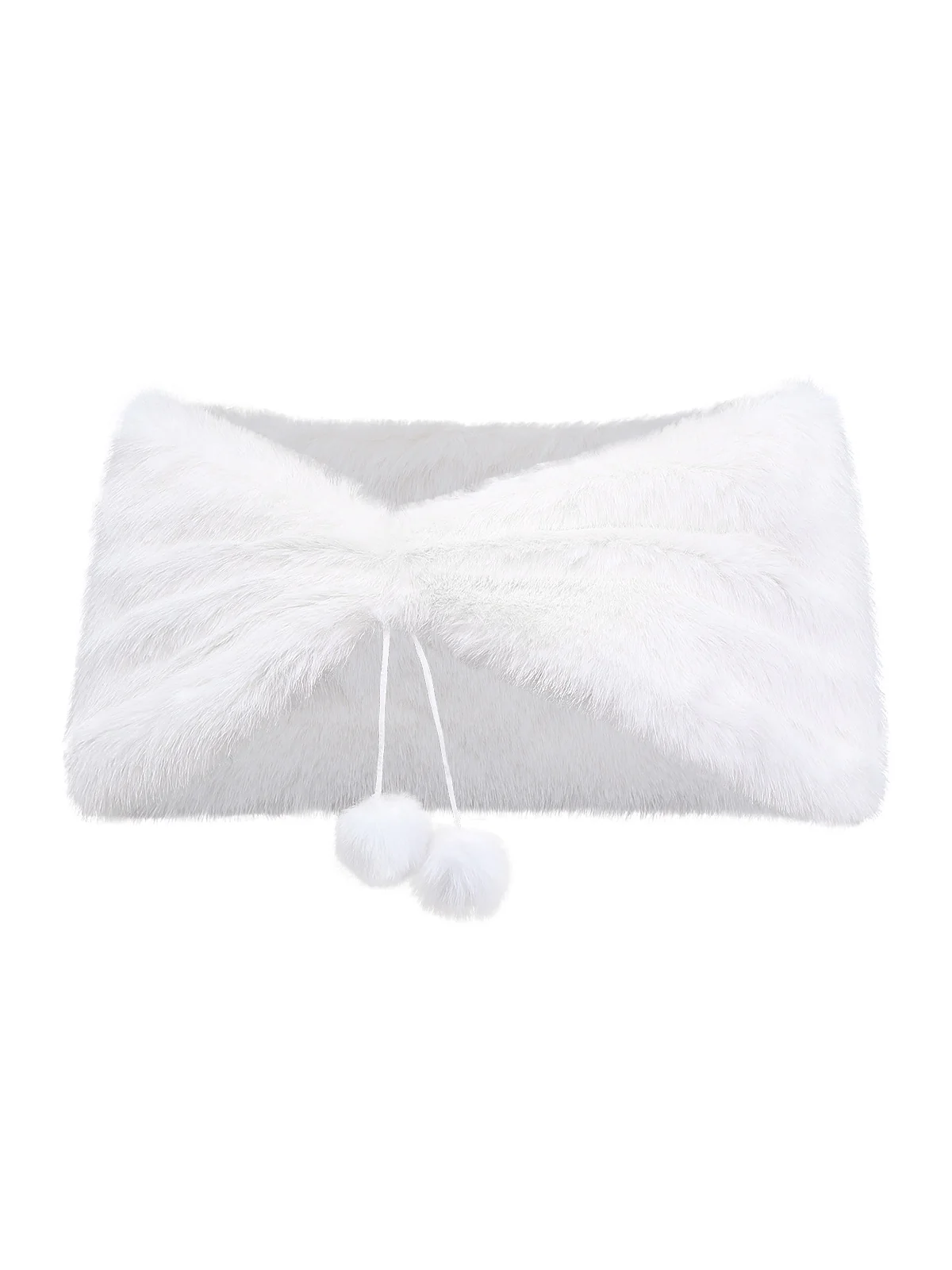 White 1970s Solid Faux Fur Pom Pom Tie Shawl - Image 2