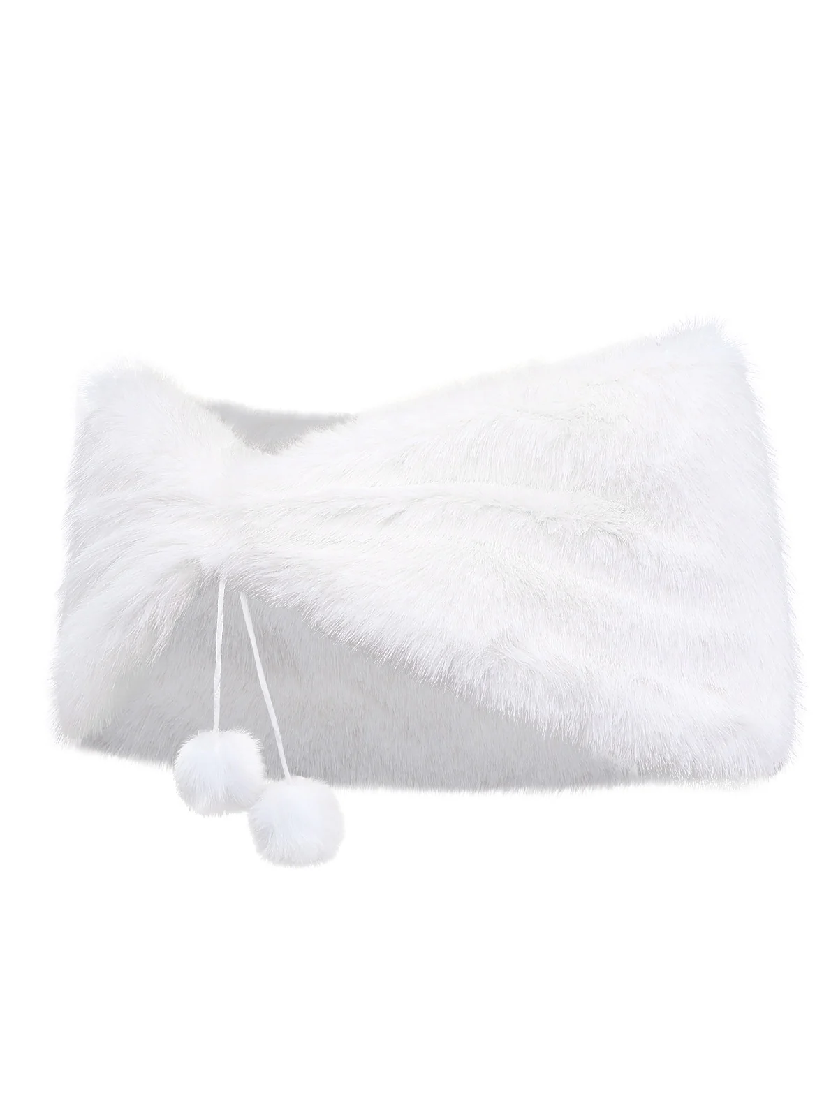 White 1970s Solid Faux Fur Pom Pom Tie Shawl - Image 3