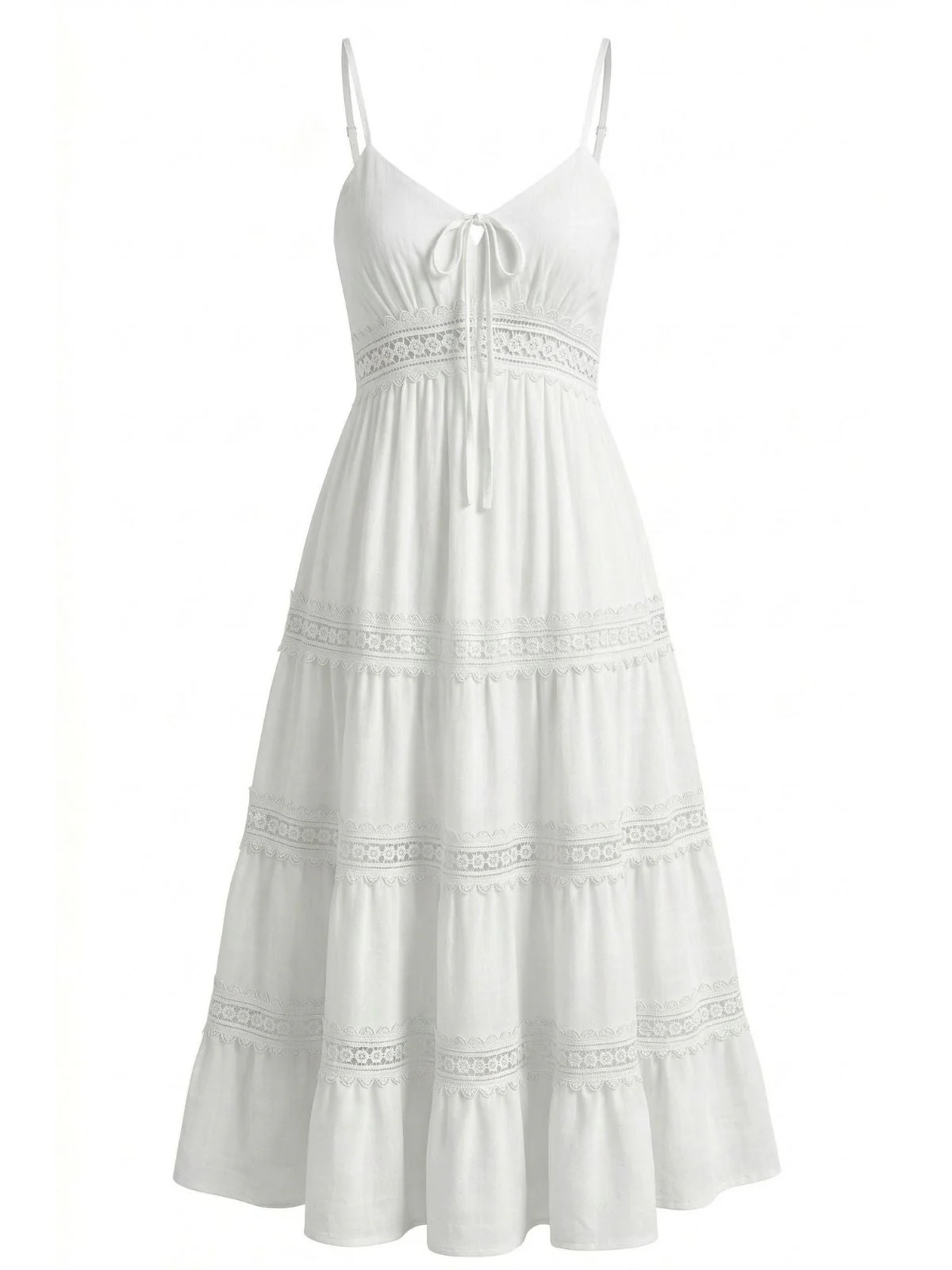 White 1970s Spaghetti Strap Boho Lace Tiered Dress - Image 2