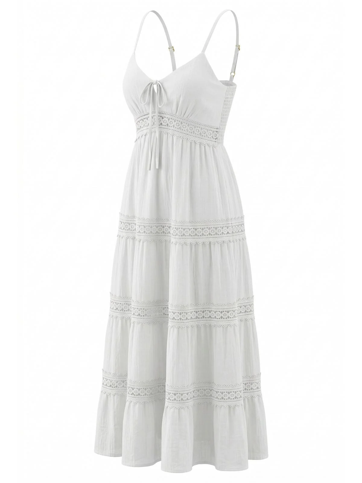 White 1970s Spaghetti Strap Boho Lace Tiered Dress - Image 3