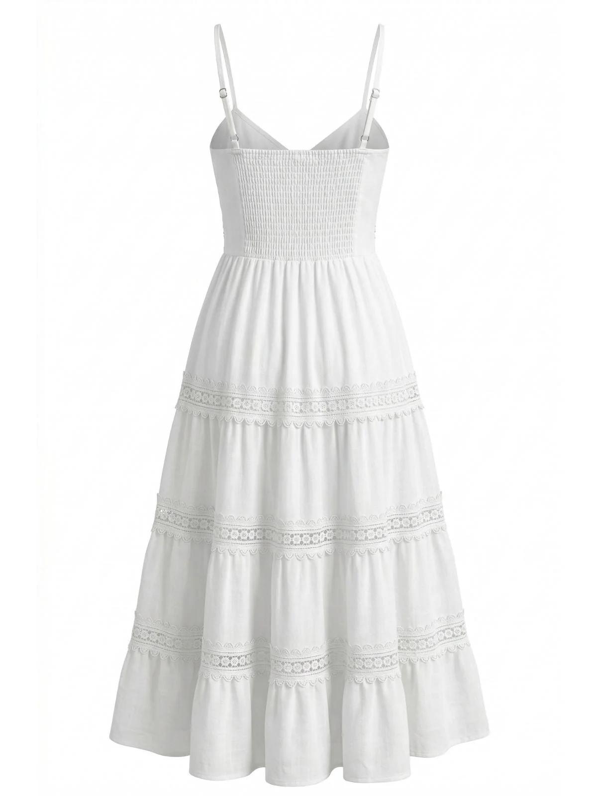 White 1970s Spaghetti Strap Boho Lace Tiered Dress - Image 4
