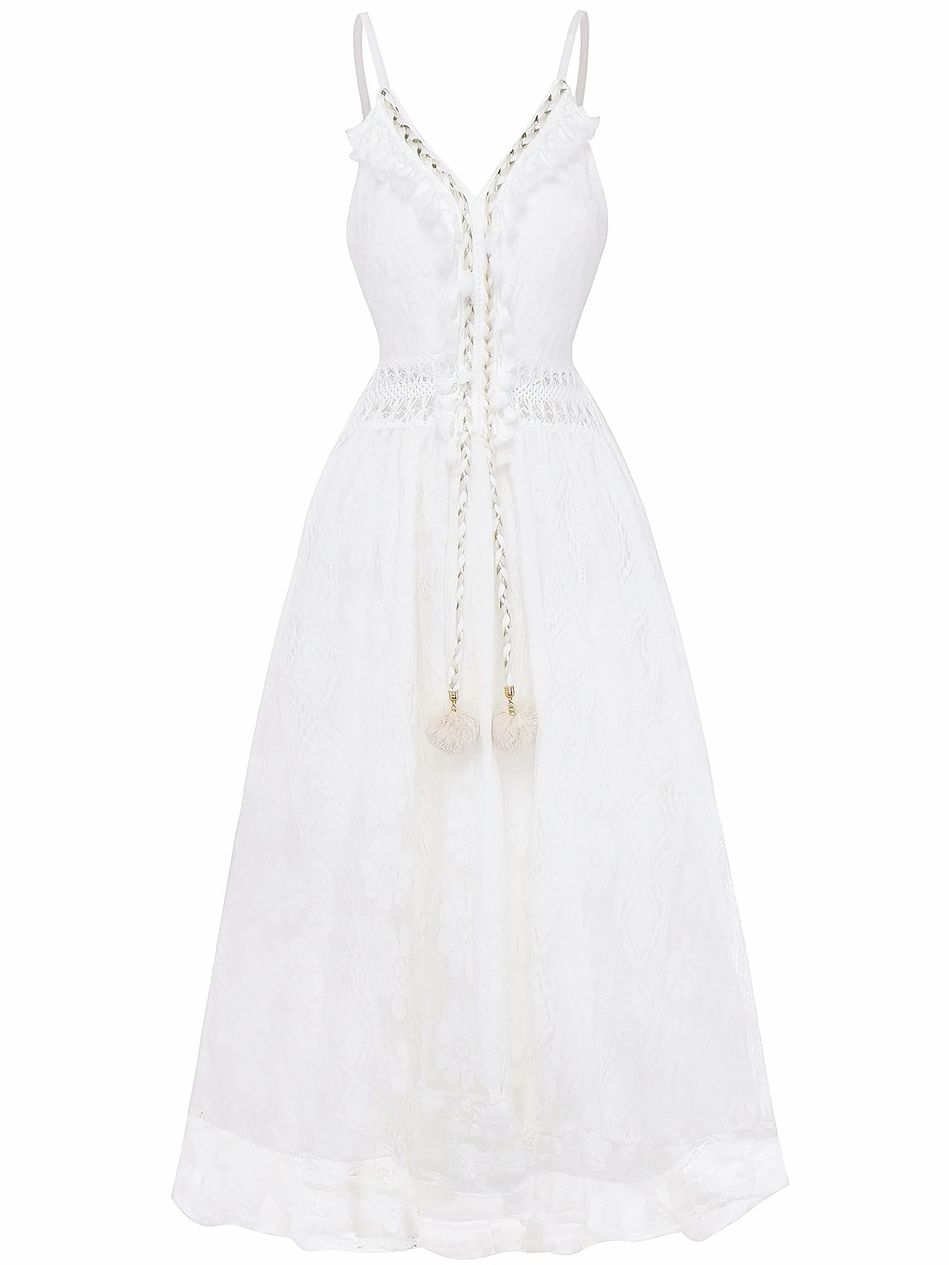 White 1970s V-Neck Boho Lace Maxi Dress - Image 2