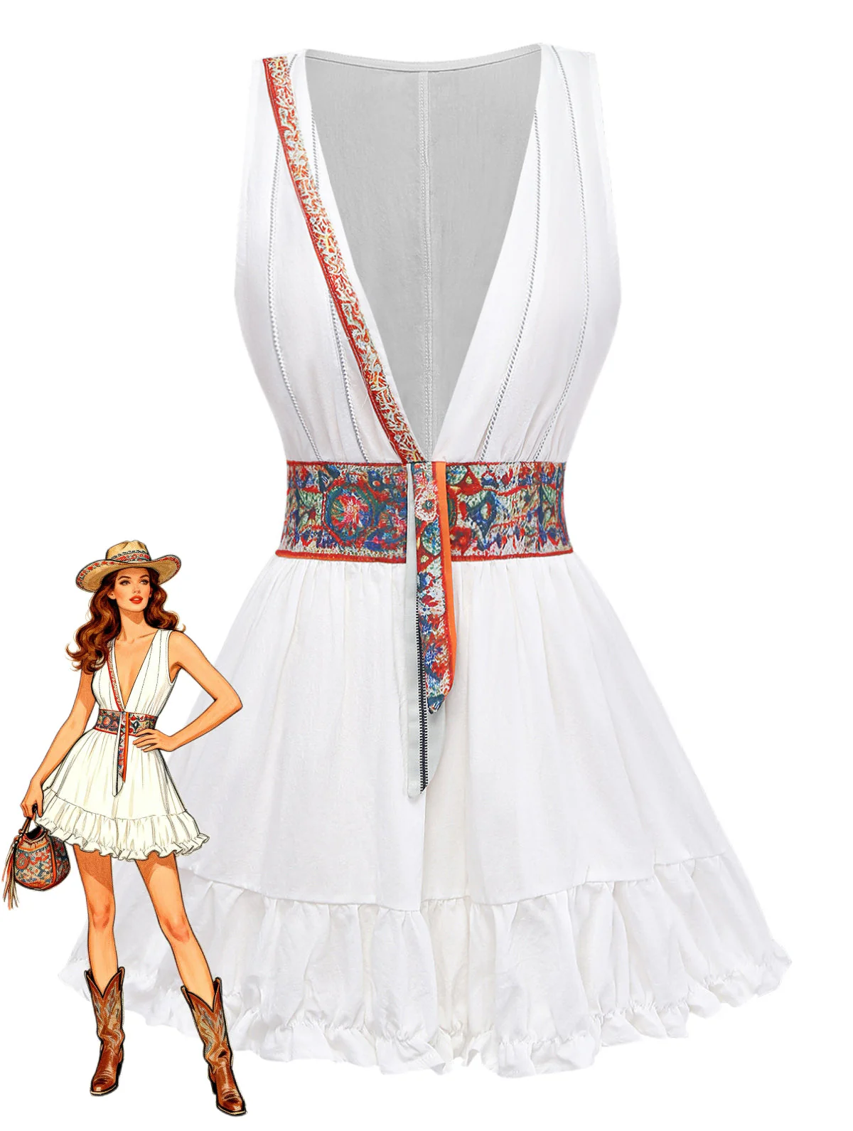 White 1970s V-Neck Sleeveless Boho Mini Dress
