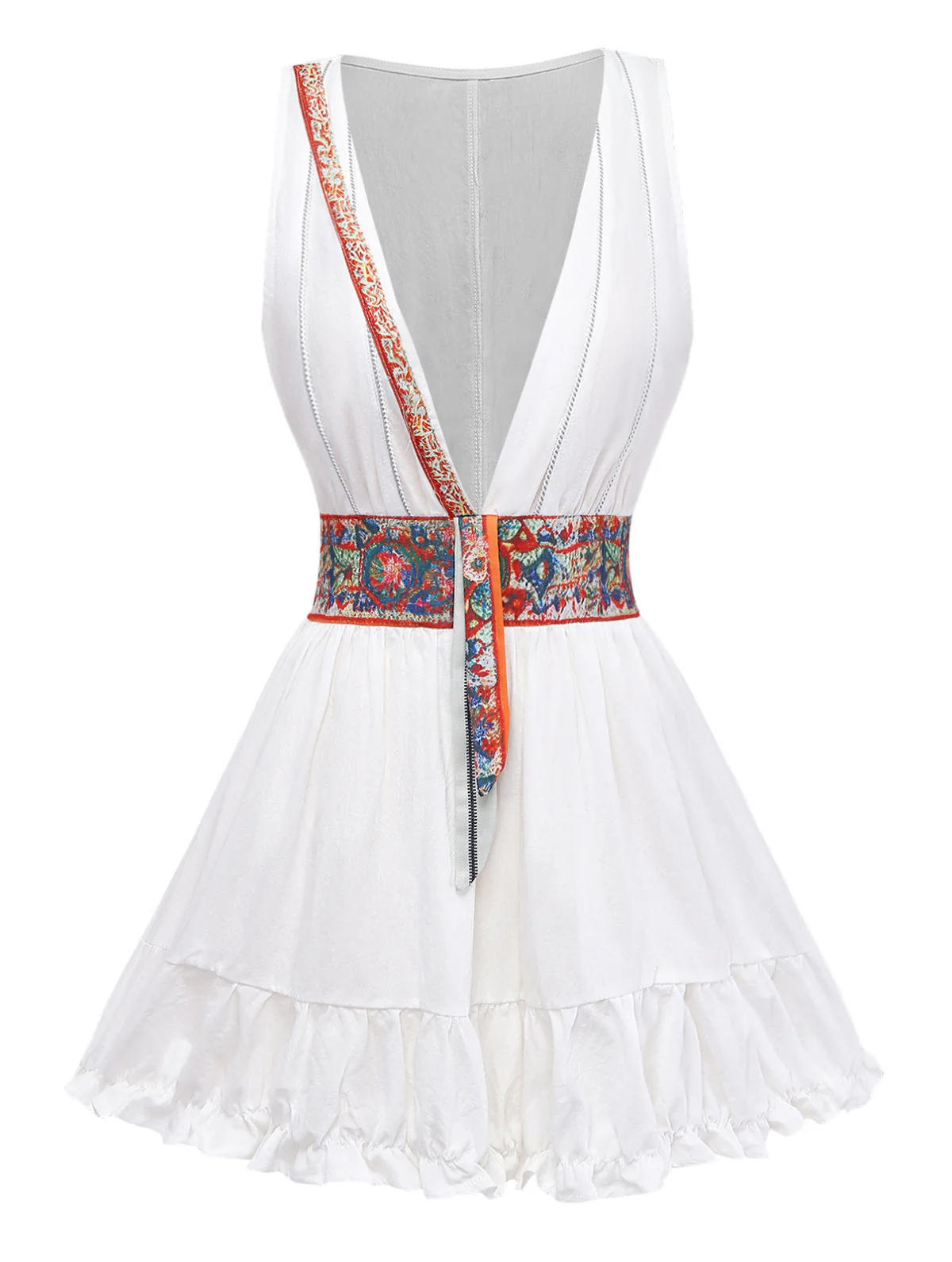 White 1970s V-Neck Sleeveless Boho Mini Dress - Image 2