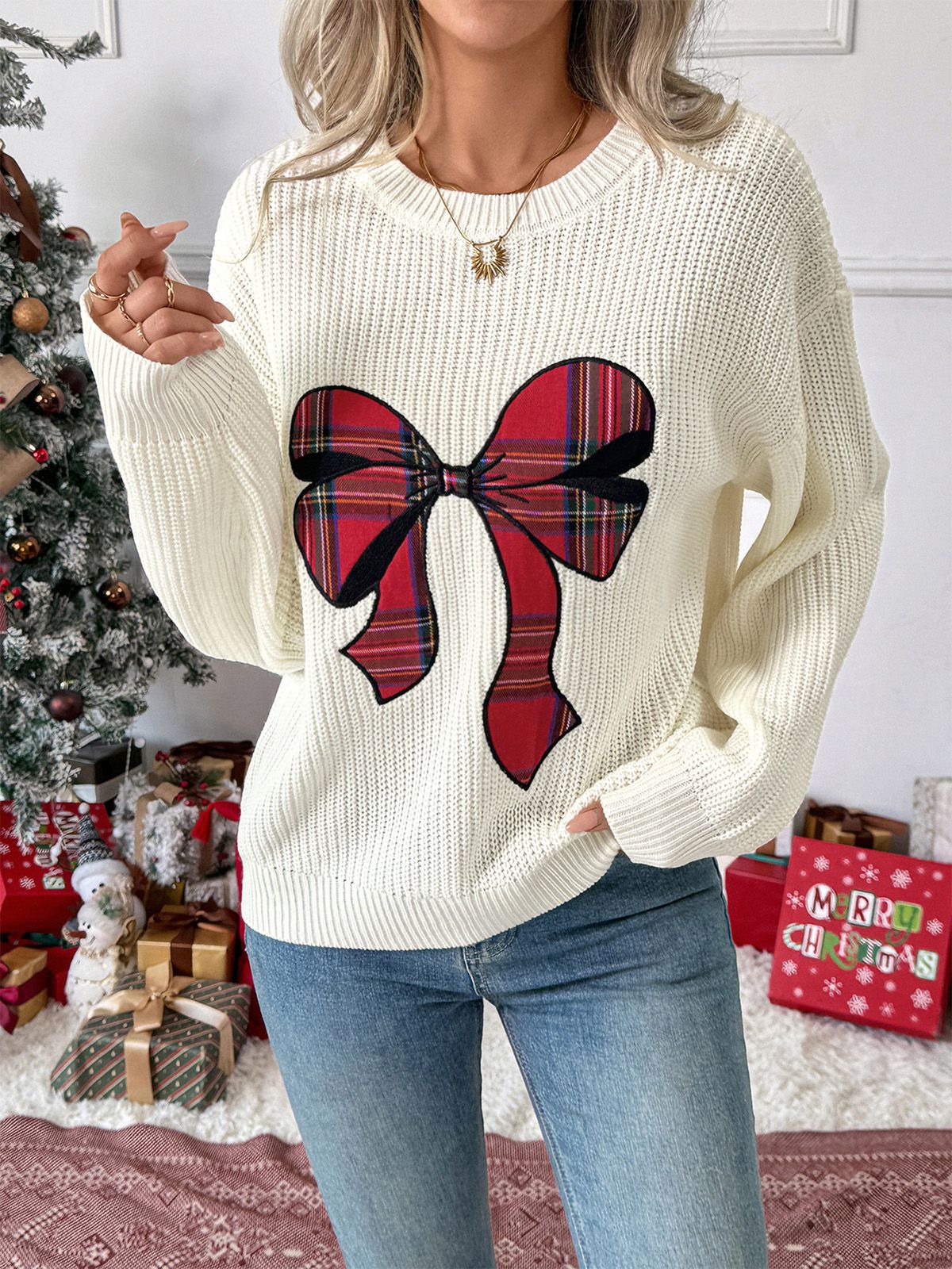 White 1980s Christmas Plaid Bow Round Neck Sweater - Image 3