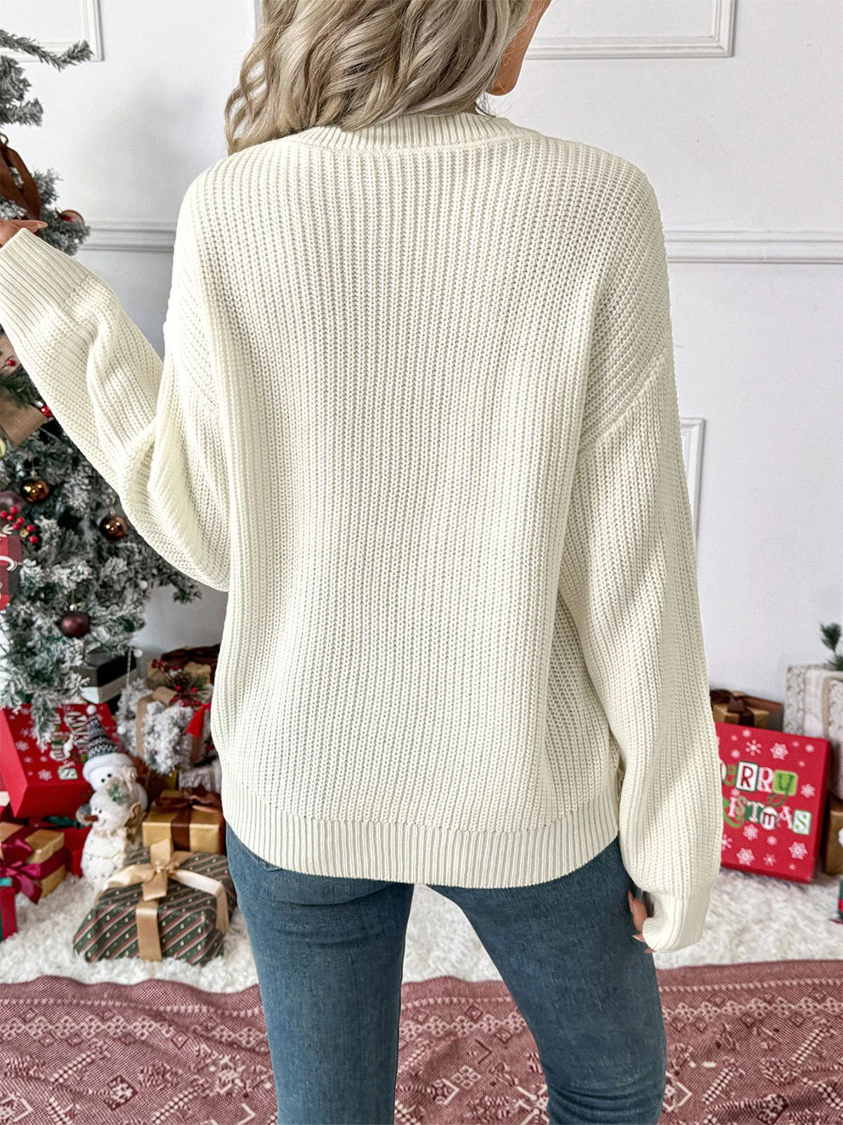 White 1980s Christmas Plaid Bow Round Neck Sweater - Image 4