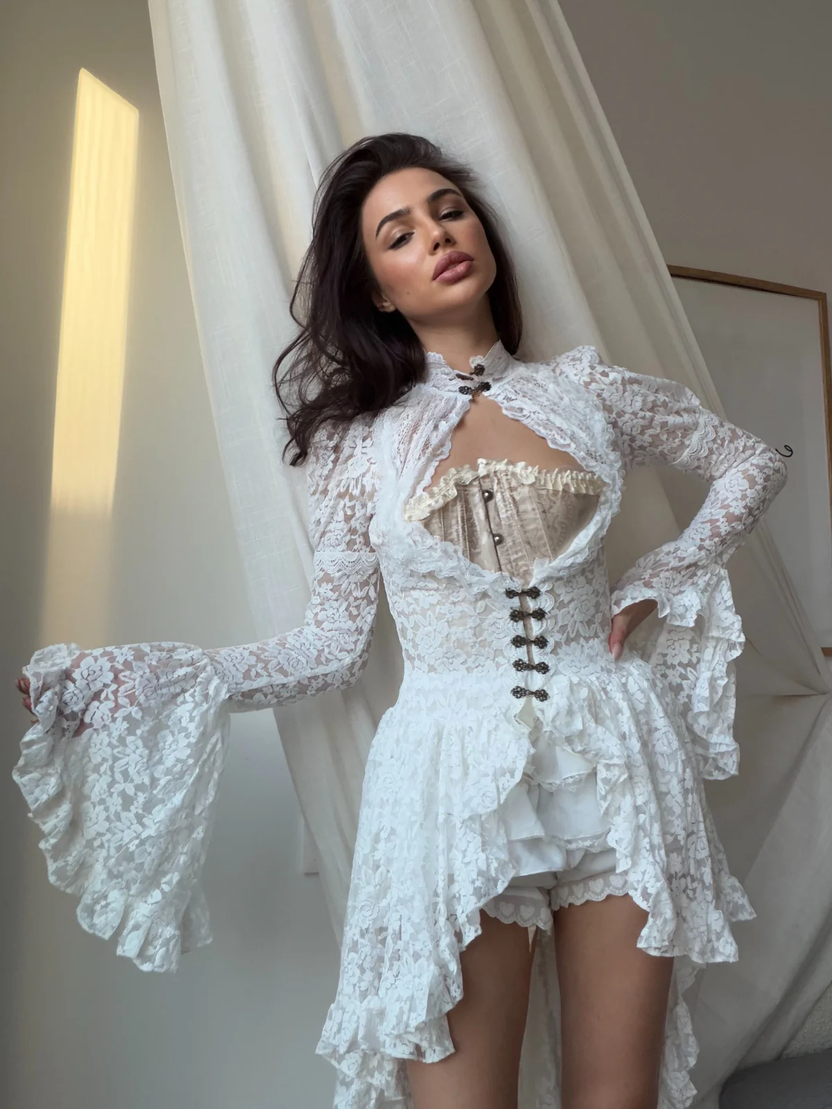 White 1980s Gigot Sleeve Victorian Lace Dress - Image 2
