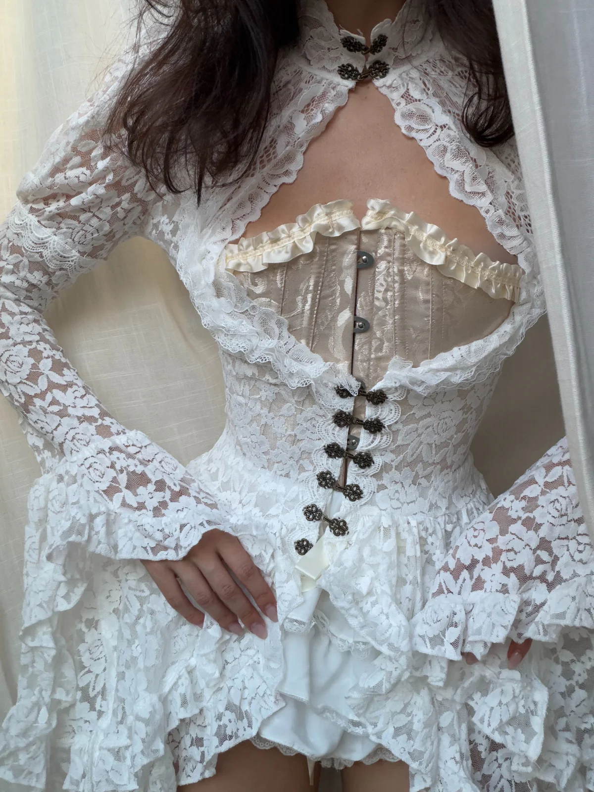 White 1980s Gigot Sleeve Victorian Lace Dress - Image 3