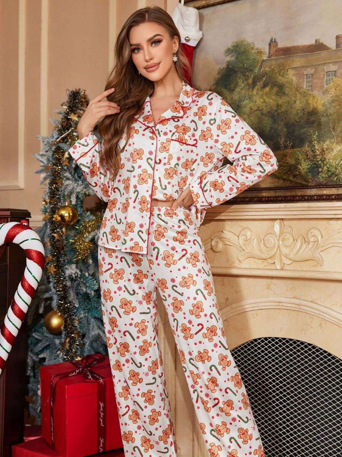 White 1980s Gingerbread Candy Cane Christmas Pajama Set - Image 2