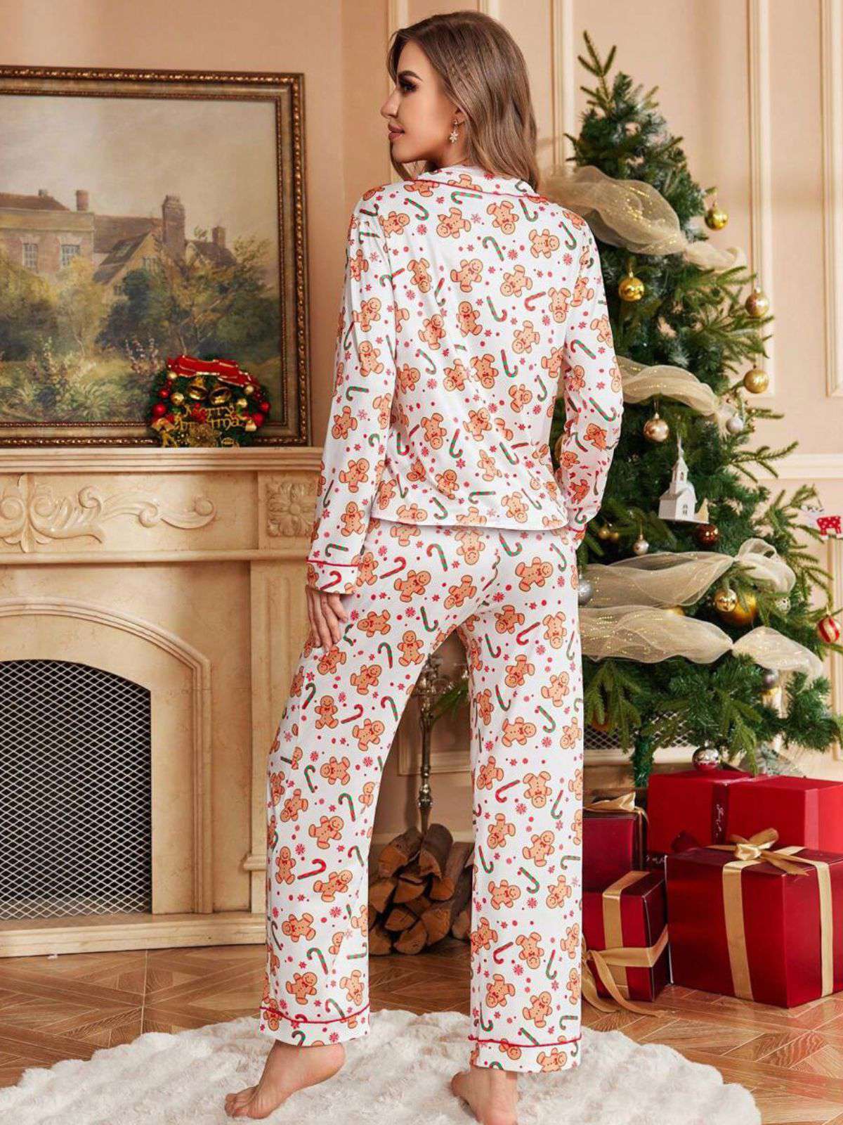 White 1980s Gingerbread Candy Cane Christmas Pajama Set - Image 3