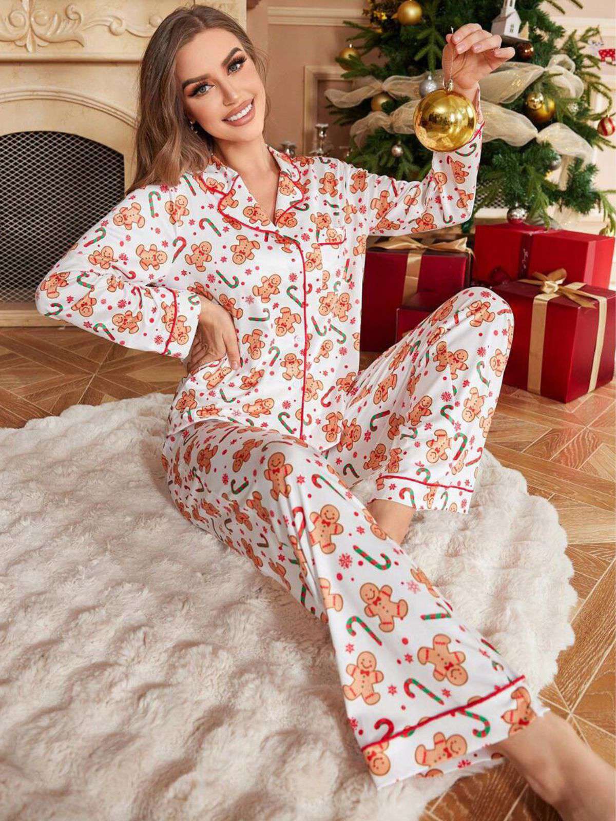 White 1980s Gingerbread Candy Cane Christmas Pajama Set - Image 4