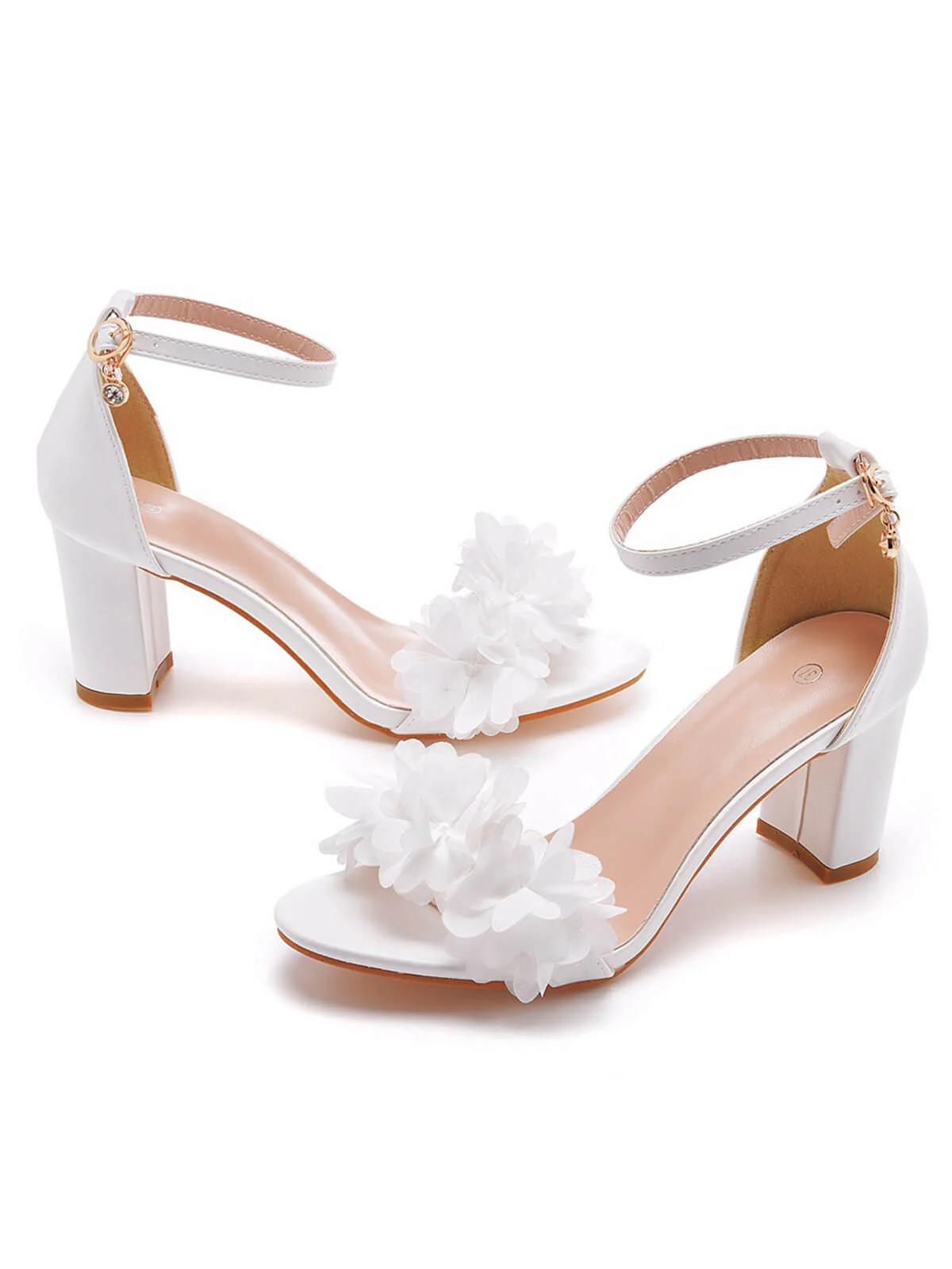 White 3D Flower Chunky Heel Sandals - Image 3