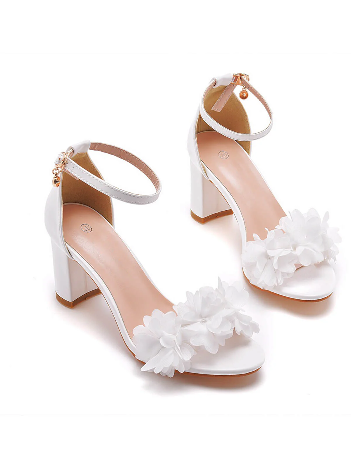 White 3D Flower Chunky Heel Sandals - Image 4