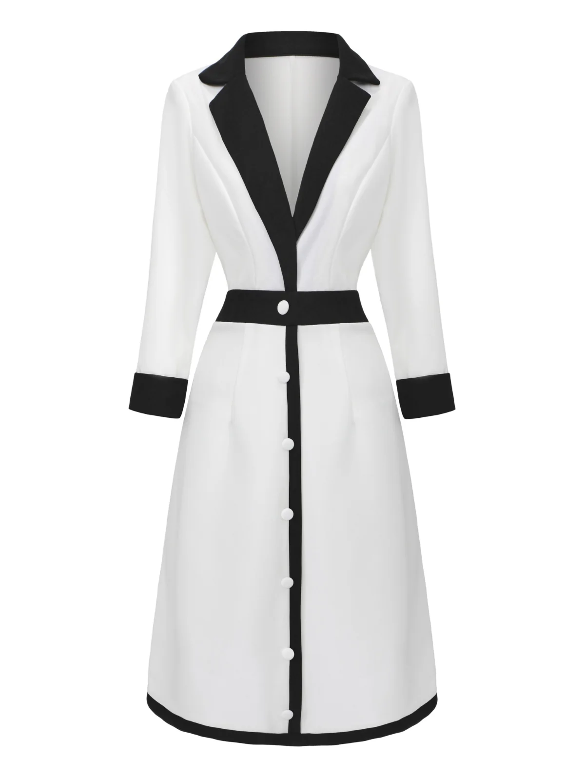 White & Black 1940s Deep V-Neck Notched Button Dress - Image 2
