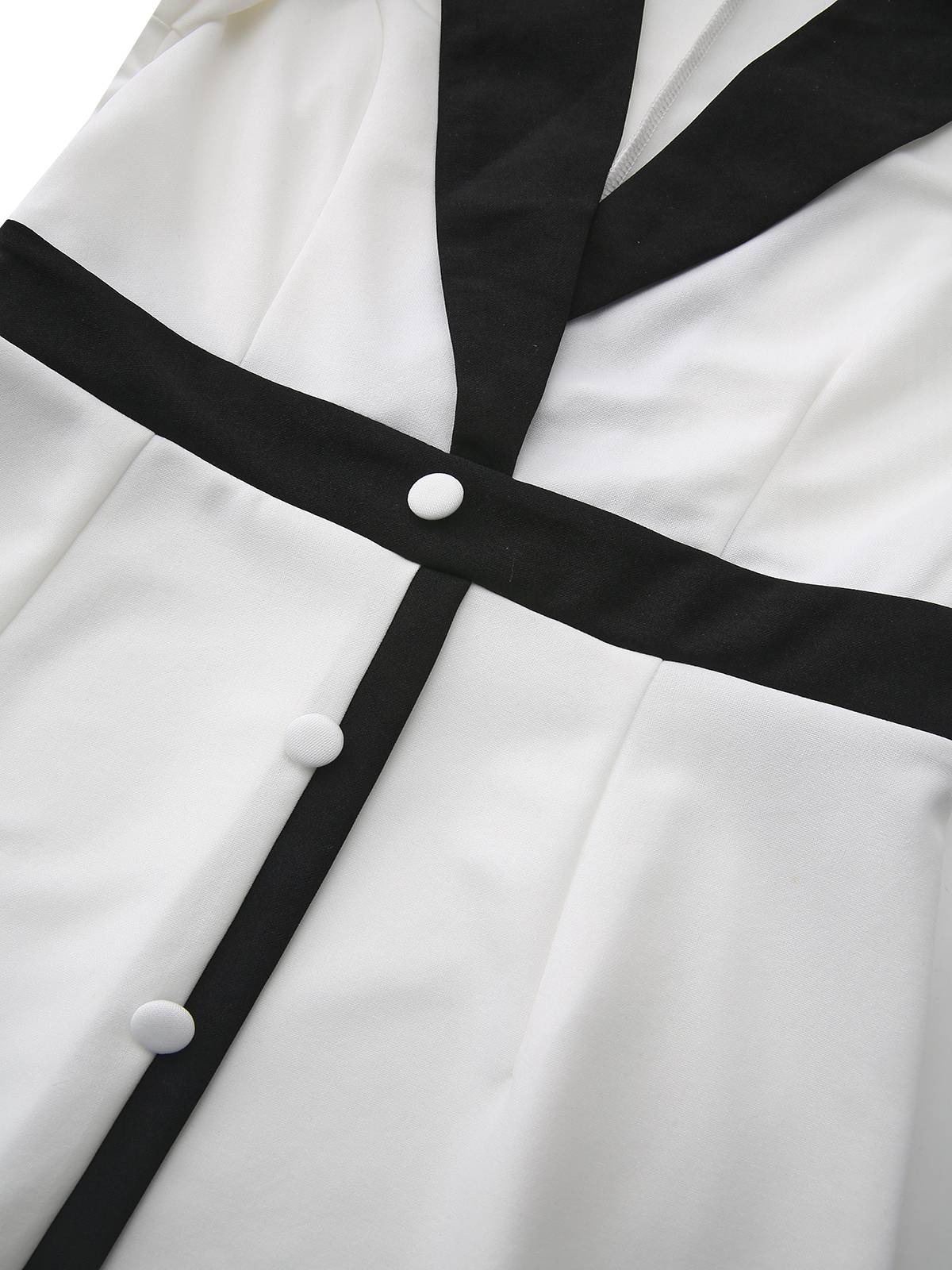 White & Black 1940s Deep V-Neck Notched Button Dress - Image 4