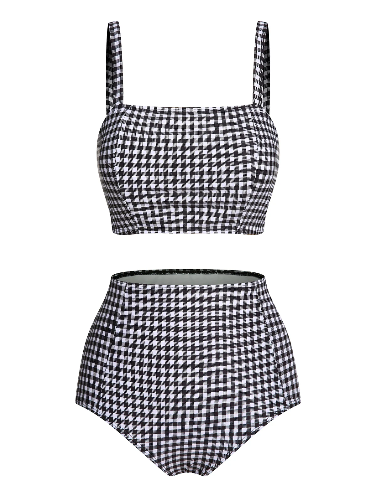 White&Black 1940s Plaid Suspenders Swimsuit - Image 2