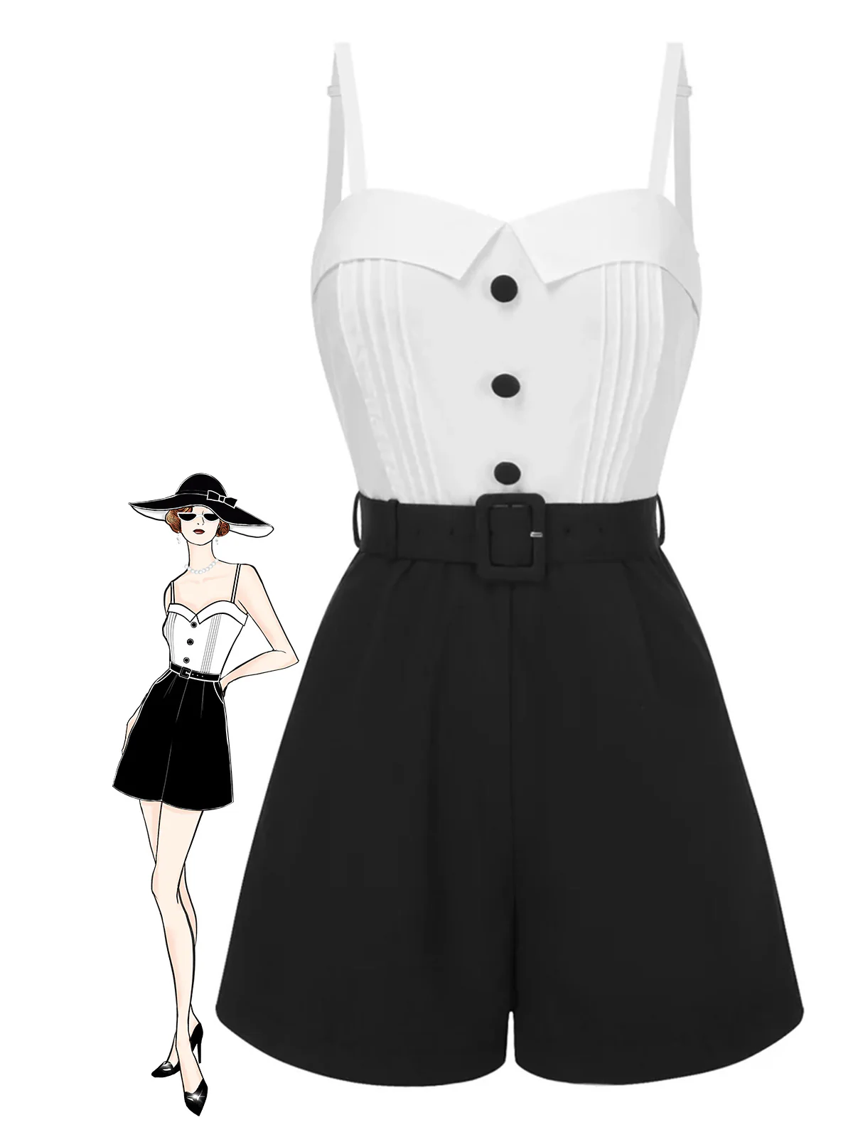 White & Black 1950s Cotton Spaghetti Straps Romper - Image 2