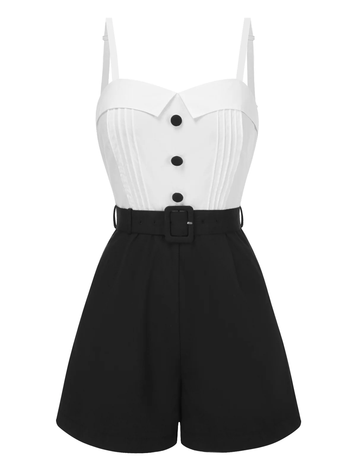 White & Black 1950s Cotton Spaghetti Straps Romper - Image 3