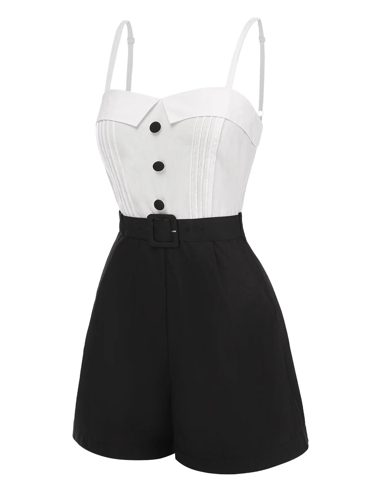 White & Black 1950s Cotton Spaghetti Straps Romper - Image 4