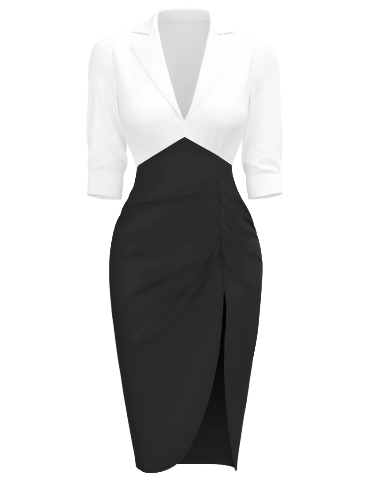 White & Black 1960s Notched Collar Ruched Bodycon Dress - Image 4