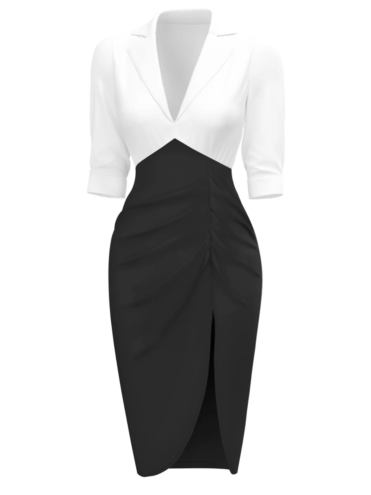 White & Black 1960s Notched Collar Ruched Bodycon Dress - Image 5
