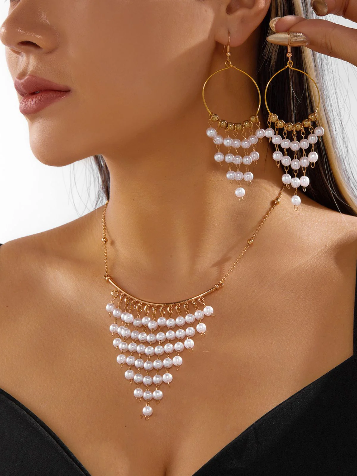 White Bohemian Pearl Tassel Necklace & Earrings Set - Image 2