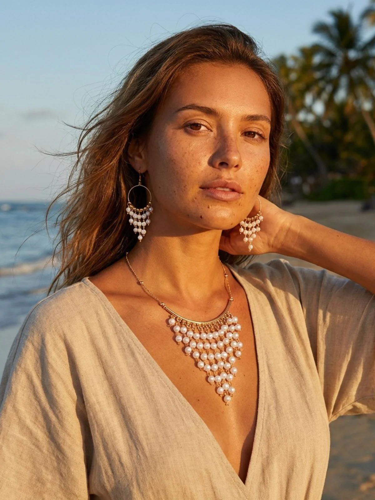 White Bohemian Pearl Tassel Necklace & Earrings Set - Image 3