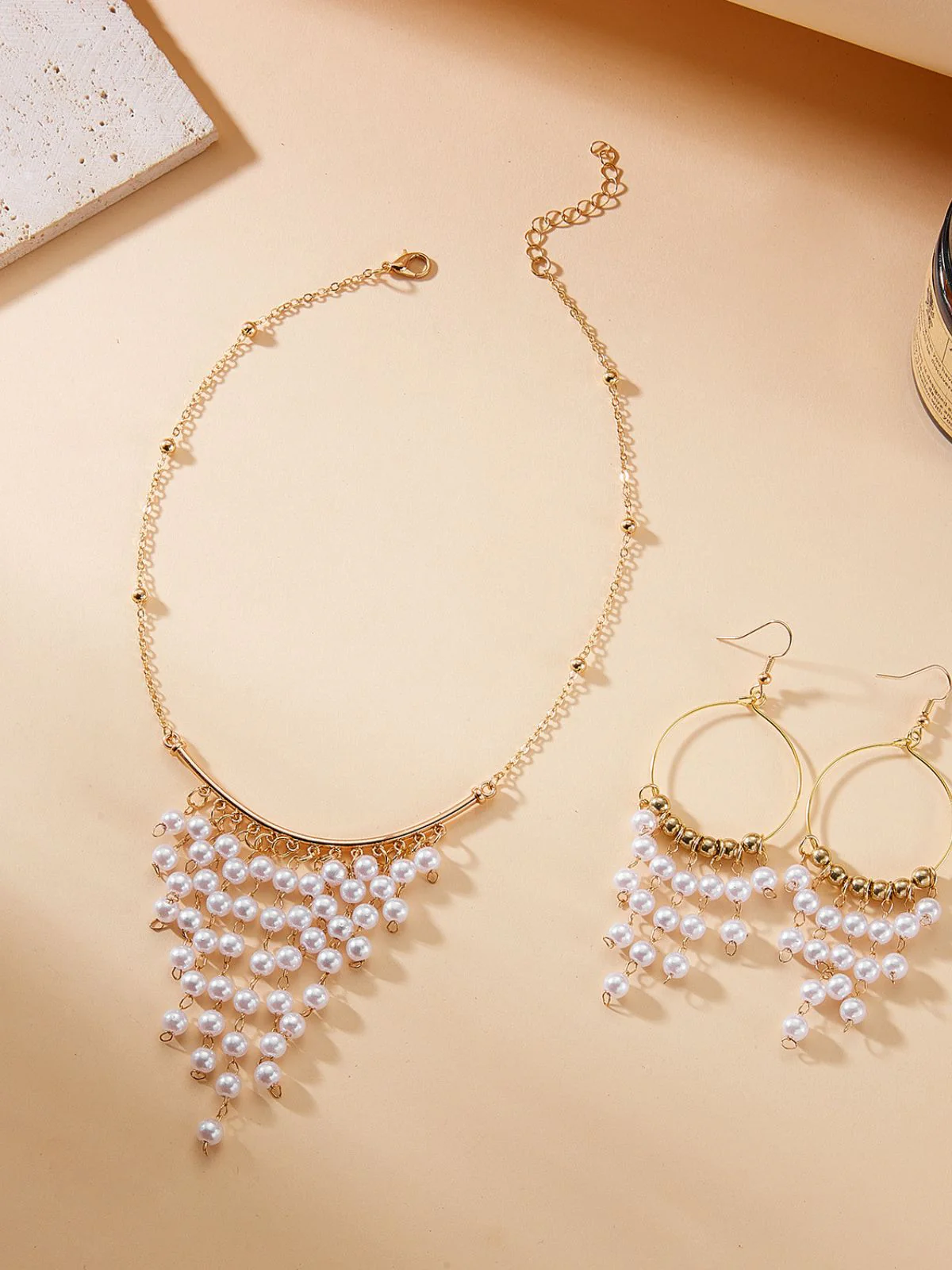White Bohemian Pearl Tassel Necklace & Earrings Set - Image 4